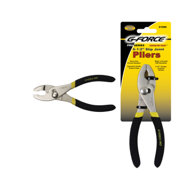 The left side features G-FORCE 21200 6-1/2 Slip Joint Pliers with black and yellow handles. On the right, the packaging labeled G-FORCE 6-1/2 Slip Joint Pliers Ergo Grip displays similar accents. Made from chrome vanadium, these pliers have precision serrated jaws for enhanced grip.